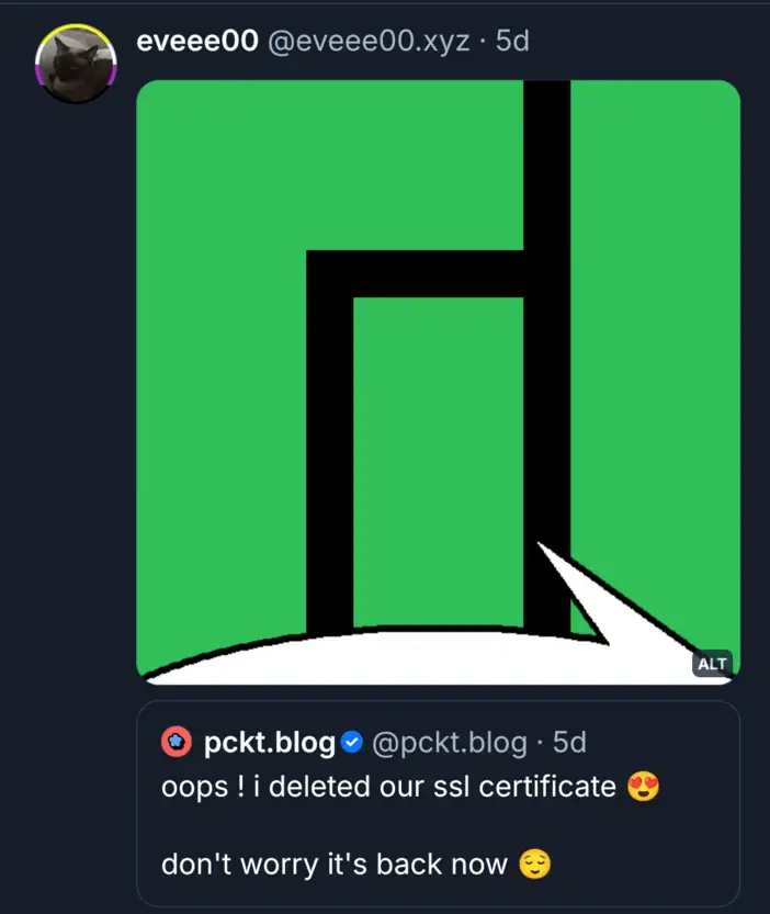 Bluesky quote post with a Manjaro logo with a speech bubble coming out saying: "oops ! i deleted our ssl certificate 😍  don't worry it's back now 😌"