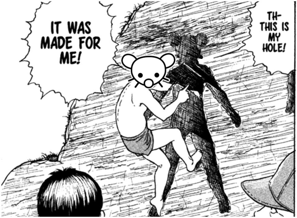 A manga panel from Junji Ito's The Enigma of Amigara Fault. In it a person enters a human-shaped crevice, while saying "this is my hole! it was made for me!". Both the face of the person entering the crevice and the crevice itself have been edited to show the Lemmy logo instead.