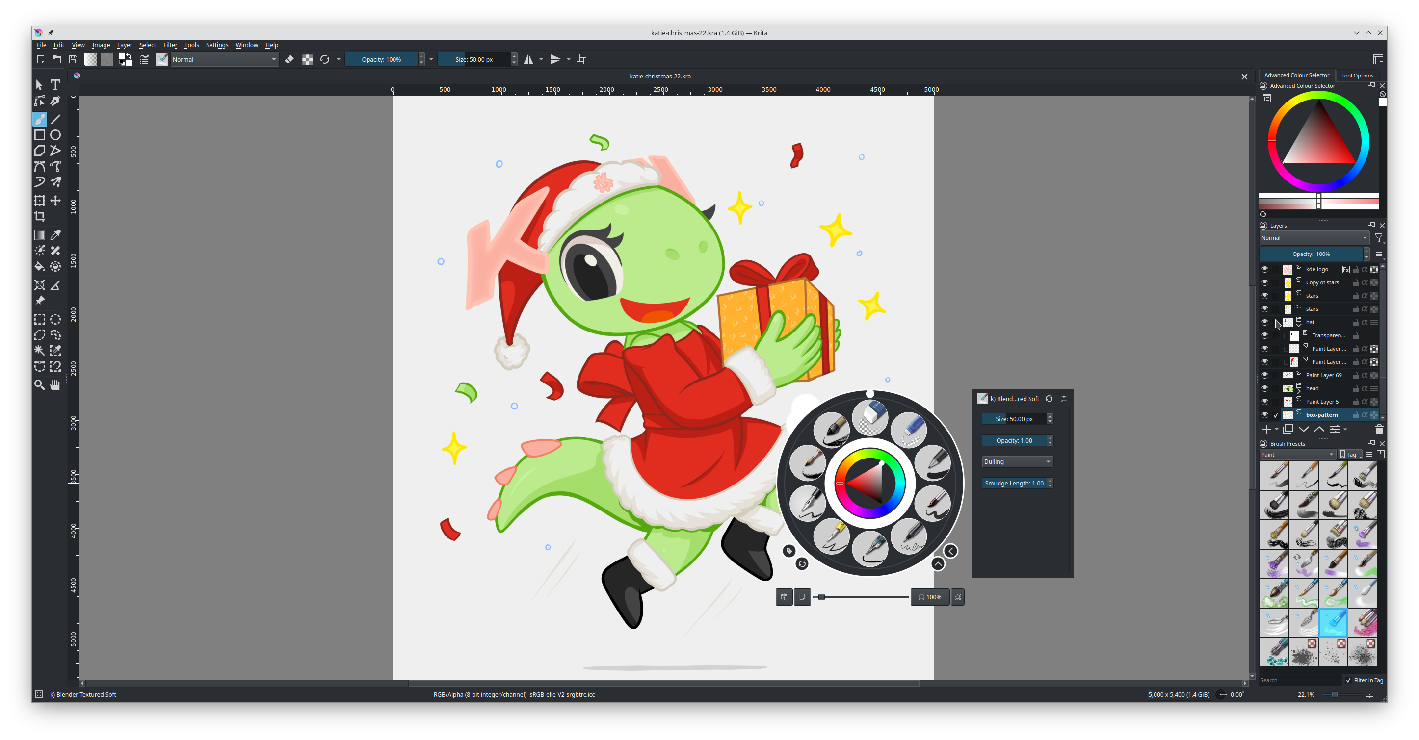 A screenshot of Krita, showing the brush selector pop up on an image of Katie the dragon dressed as Santa.