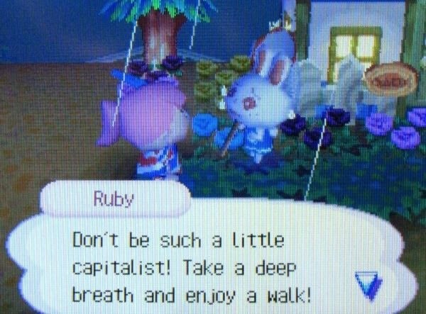 A screenshot from Animal Crossing showing the villager Ruby saying, "Don't be such a little capitalist! Take a deep breath and enjoy a walk!"