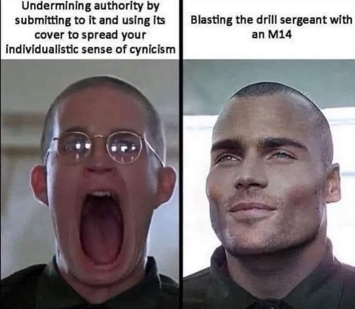 A meme comparing Private Pyle from Full Metal Jacket (left, with text about "undermining authority") to the GigaChad meme (right, with text about "blasting the drill sergeant with an M14").