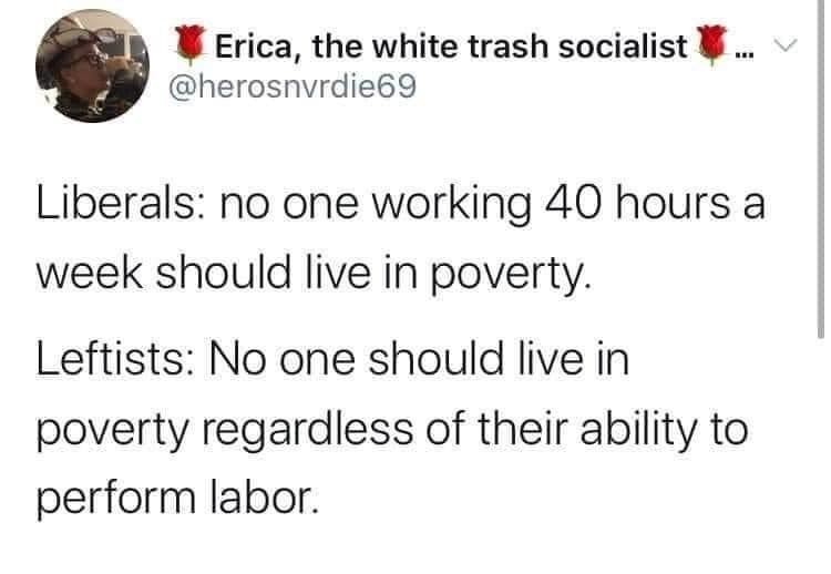 Alt text: A tweet from Erica, the white trash socialist, stating: "Liberals: no one working 40 hours a week should live in poverty. Leftists: No one should live in poverty regardless of their ability to perform labor."