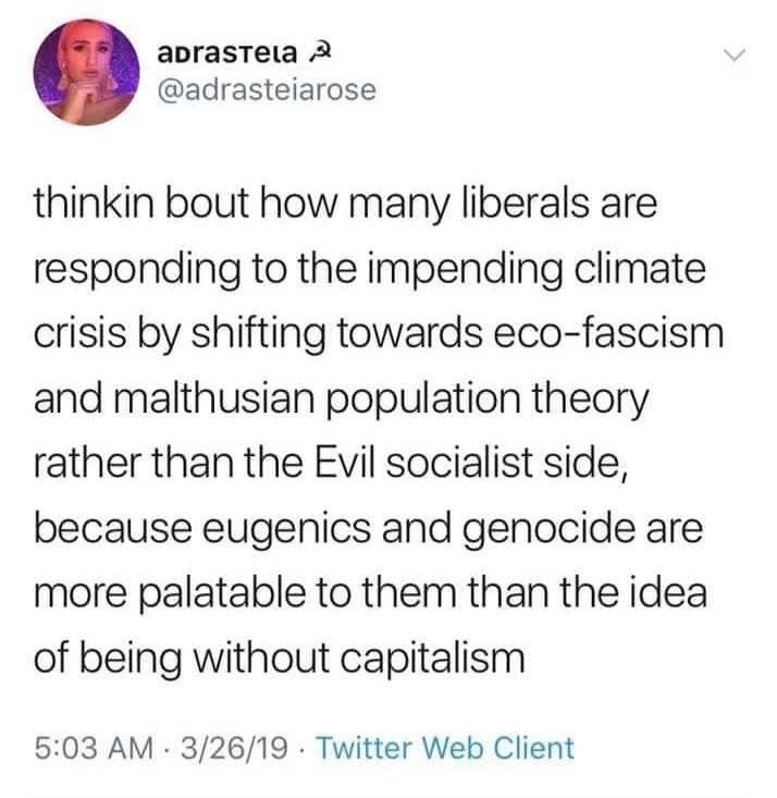 Tweet: "Thinking about how many liberals are addressing the climate crisis by shifting toward eco-fascism and Malthusian population theory, instead of the 'evil' socialist side, because they find eugenics and genocide more acceptable than living without capitalism."