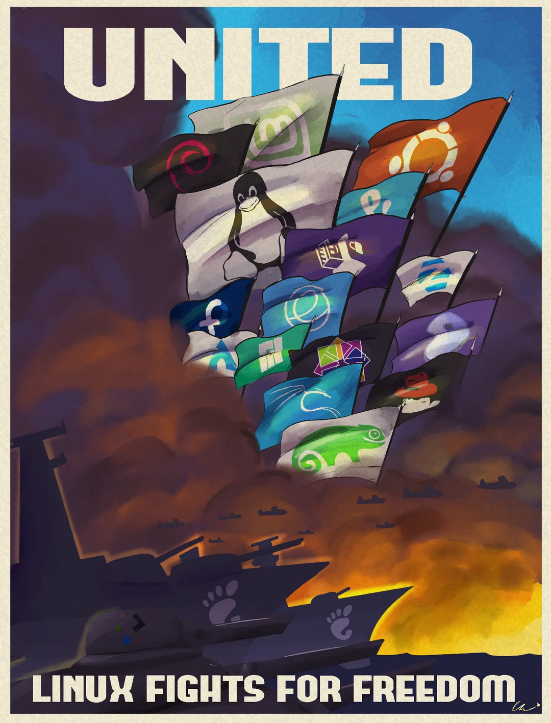 A poster style picture with white bold text at the top reading "UNITED" and at the bottom "LINUX FIGHTS FOR FREEDOM". The main imagery of the poster depicts stylized naval warfare. There are grey battleships moving right from the left with the GNOME logo on them, and what looks like a tank in the foreground with a KDE logo on it. The sky is filled with fiery smoke beneath a saturated blue sky with a collection of what look like military aircraft flying in the distance. Emerging from the smoke is a collection of wind-blown flags consisting of the logos of many Linux distributions.