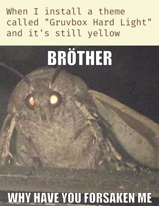 Meme with a text at the top the top, which reads on yellow background: "When I install a theme called 'Gruvbox Hard Light' and it's still yellow". Below the text is meme template with a moth on it, which reads "Bröther, why have you forsaken me?".