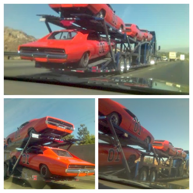 Collage (3 photos) of four cars on a car-carrier truck.  The cars are painted like the Duke's of Hazzard General Lee challenger.