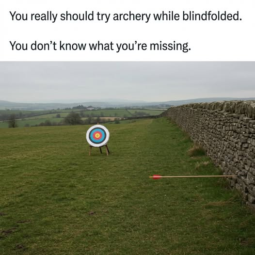 Picture of an archery target with an arrow stuck in a nearby wall, completely missing the mark. "You really should try archery while blindfolded. You don't know what you're missing."
