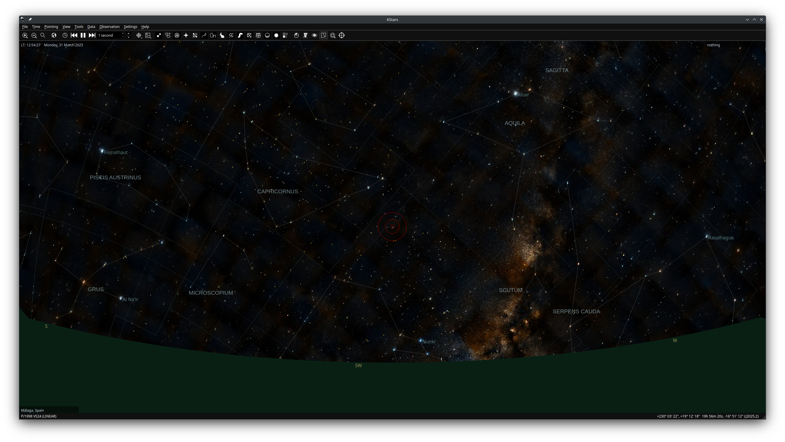 The screenshot shows KStars virtual observatory that you can use for educational purposes or to plan your next astrophotography session.