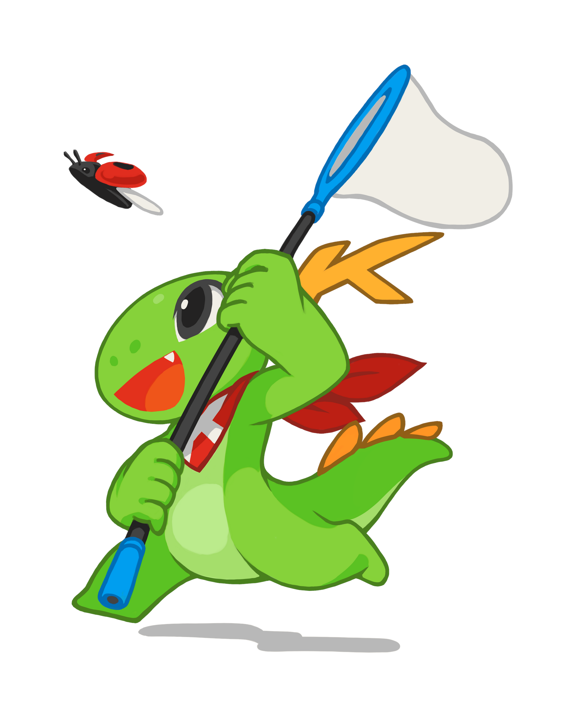 KDE's mascot, Konqi the dragon, chasing a flying bug with a net.