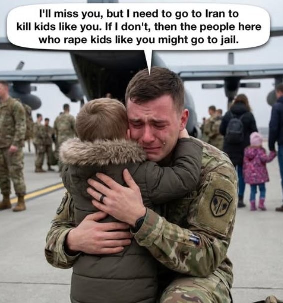 Enlister hugging a kid🗨️I’ll miss you, but I need to go to Iran to kill kids like pou. If I don't, then the people here who rape kids like you might go to jail.