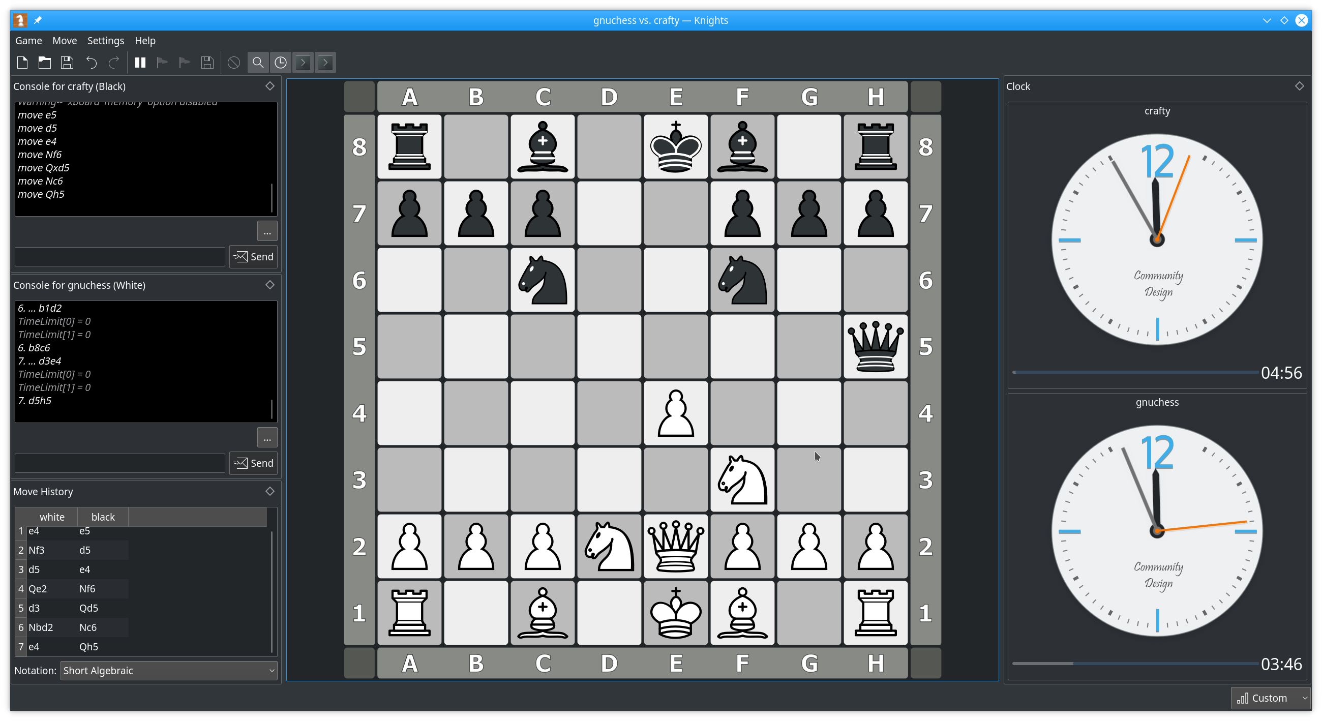 KDE's chess-playing game, Knights, showing moves and timers for both players.