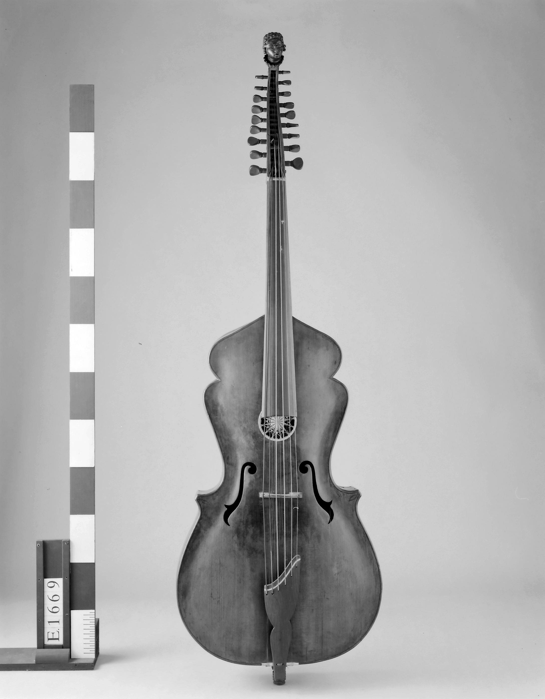 Cello-sized bowed Instrument with 6 playable and 12 sympathetic strings, rose, f-holes in shape of "flaming swords of islam"