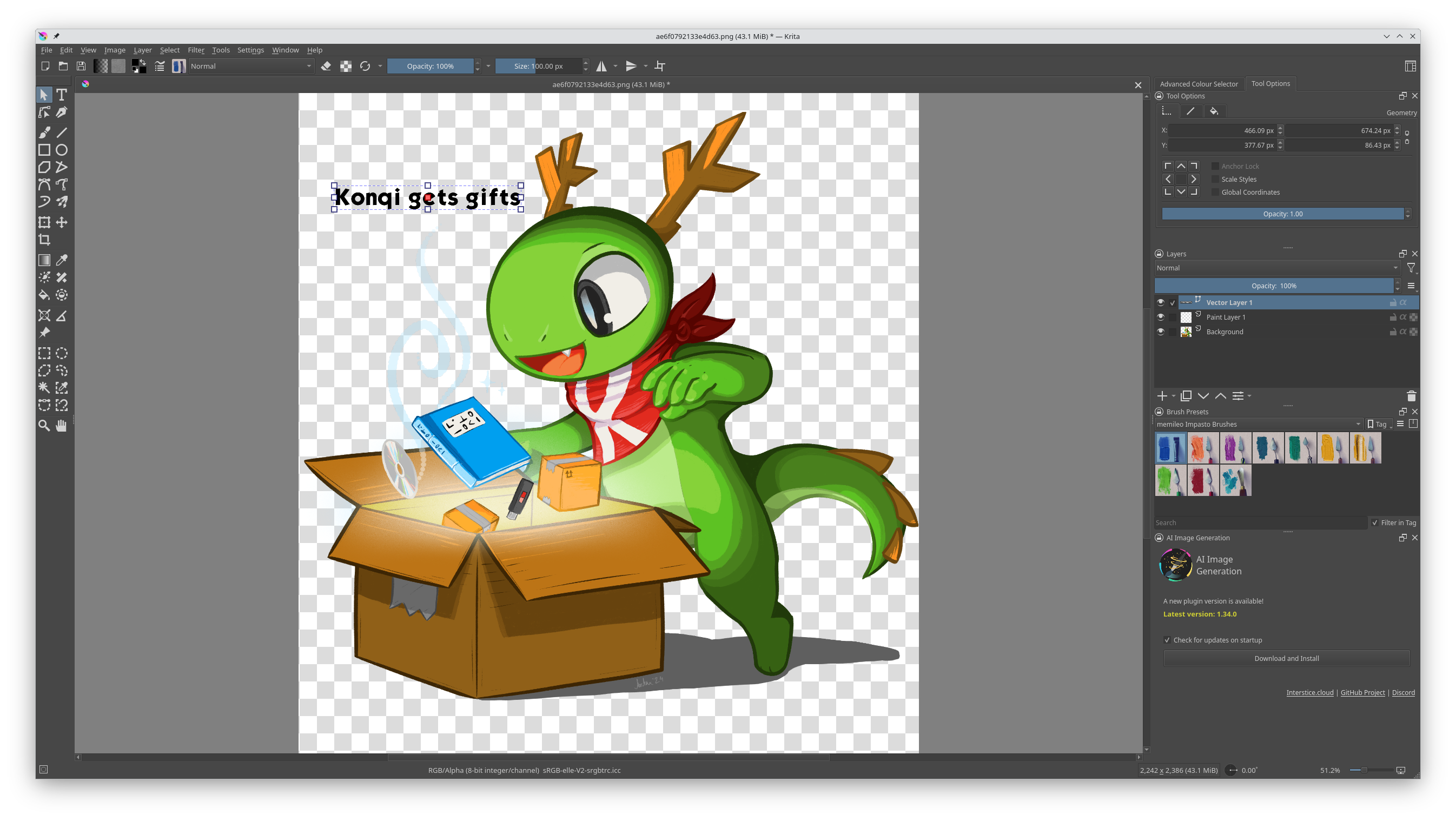 A screen shot showing Krita, KDE's program for graphical designers, artists and painters. The artist is working on image of Konqi, KDE's pet dragon, who is opening a box out of which CD's parcels and other icons representing software packages float.

Across the top of the canvas you can read "Konqi gets gifts"