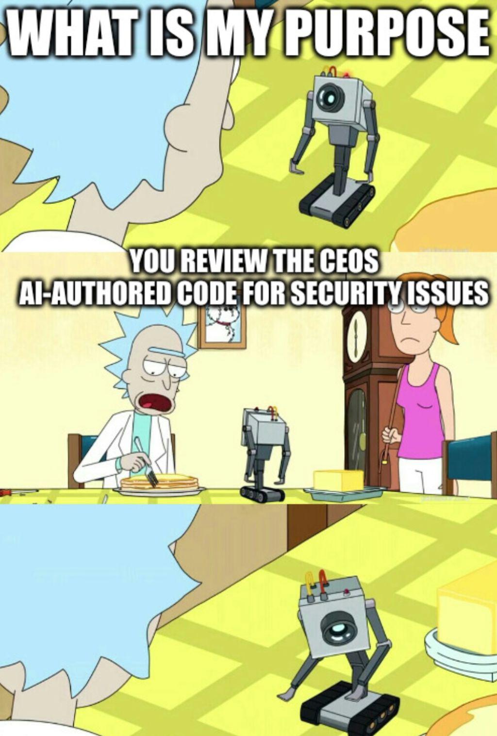 Rick and Morty butter-bot meme.

"What is my purpose?"
"You review the CEOs AI-authored code for security issues"