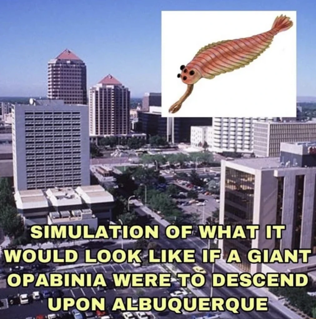A photograph of downtown, Albuqerque, New Mexico, with a badly photoshopped illustration of an Opabinia descending upon the city. The Opabinia is a Middle Cambrian marine animal that looks kind of like a slug with several eyes and weird tentacle trunk on its face (I am serious).