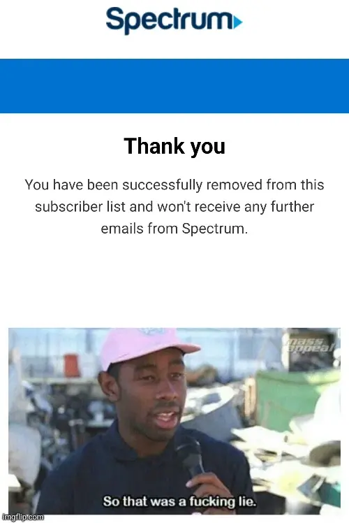An image at the top with the Spectrum logo, followed by the text "Thank you. you have been successfully removed from this subscriber list and won't receive any further emails from Spectrum". Image at the bottom shows Tyler the Creator saying "So that was a fucking lie." 