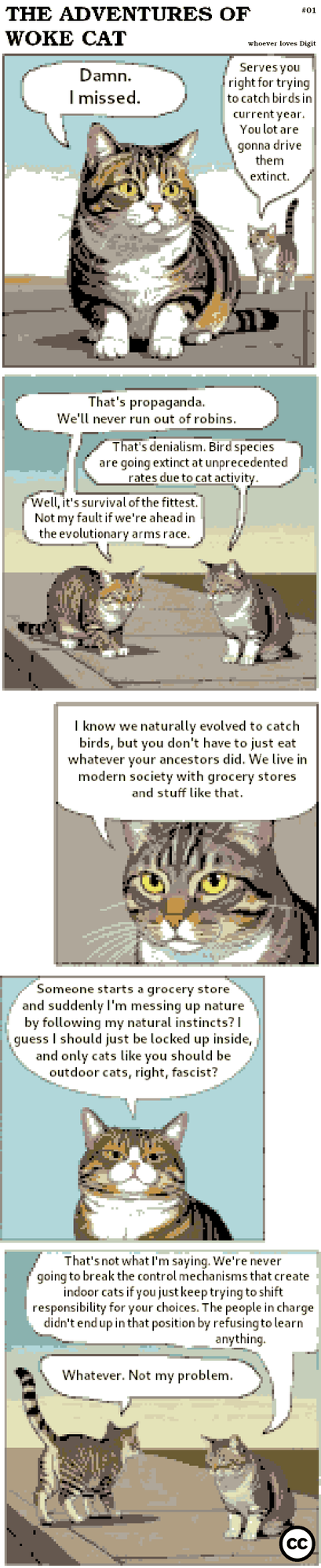 A pixellated comic strip depicts two cats having a conversation on the sidewalk