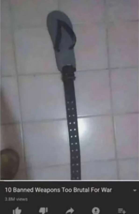 Video titled: "10 Banned Weapons Too Brutal For War". Thumbnail shows a slipper attached to a belt