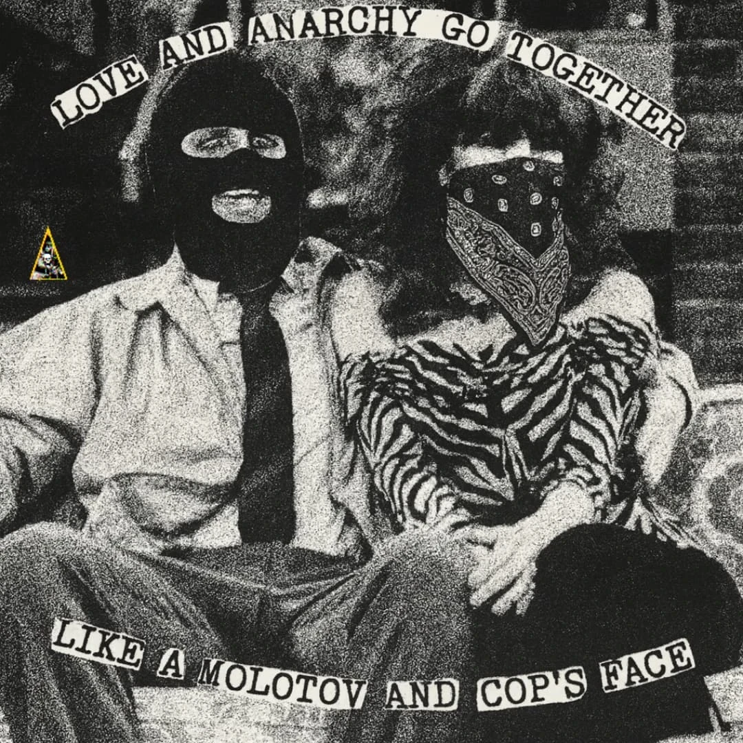 A black-and-white, grainy photo of a person in a balaclava and another in a bandana, with the text: "LOVE AND ANARCHY GO TOGETHER LIKE A MOLOTOV AND COP'S FACE."