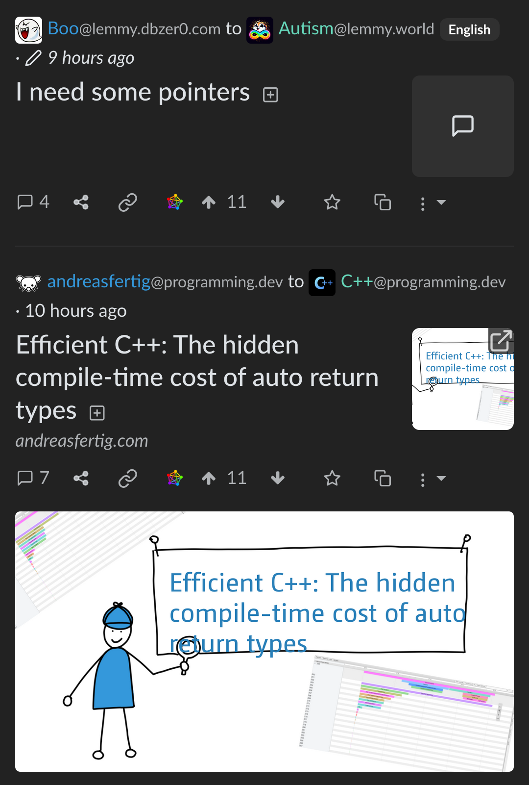 A post title "I need some pointers" followed by a post about C++.