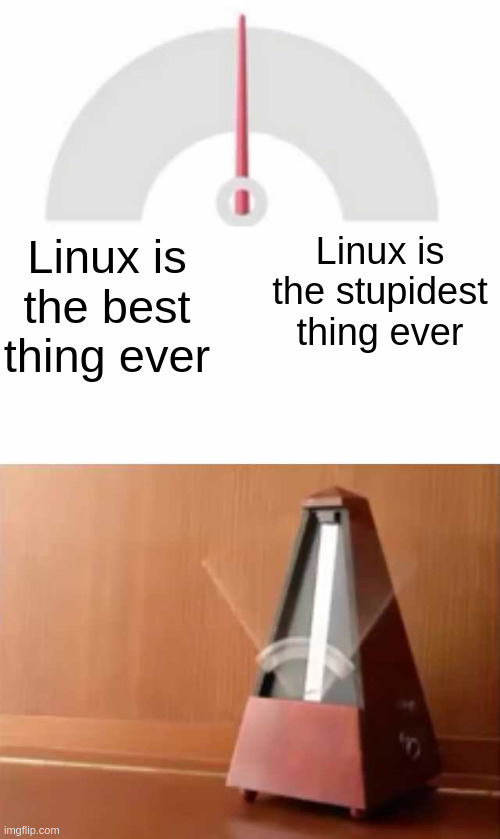 A metronome swings from side to side rapidly, one side is captioned "Linux is the best thing ever" the other side is captioned "Linux is the stupidest thing ever"