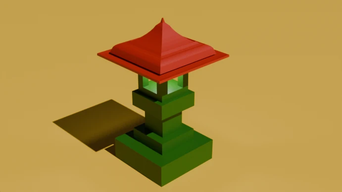 green birdhouse, red roofing, on yellow flat flore, tried japanese style.
