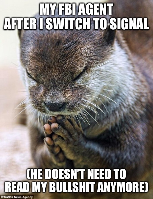 Top text: My FBI agent after I switch to Signal. Image of a praying otter. Bott text: (he doesn’t need to read my bullshit anymore)