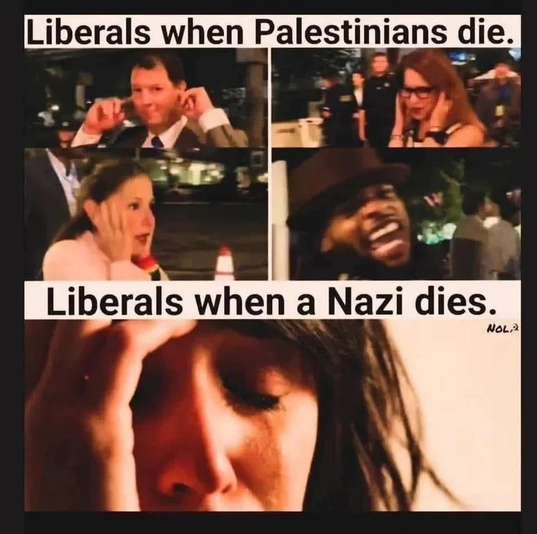 A meme contrasting supposed reactions of liberals to different events: above, a collage of people appearing indifferent or amused titled "Liberals when Palestinians die"; below, a person crying titled "Liberals when a Nazi dies."
