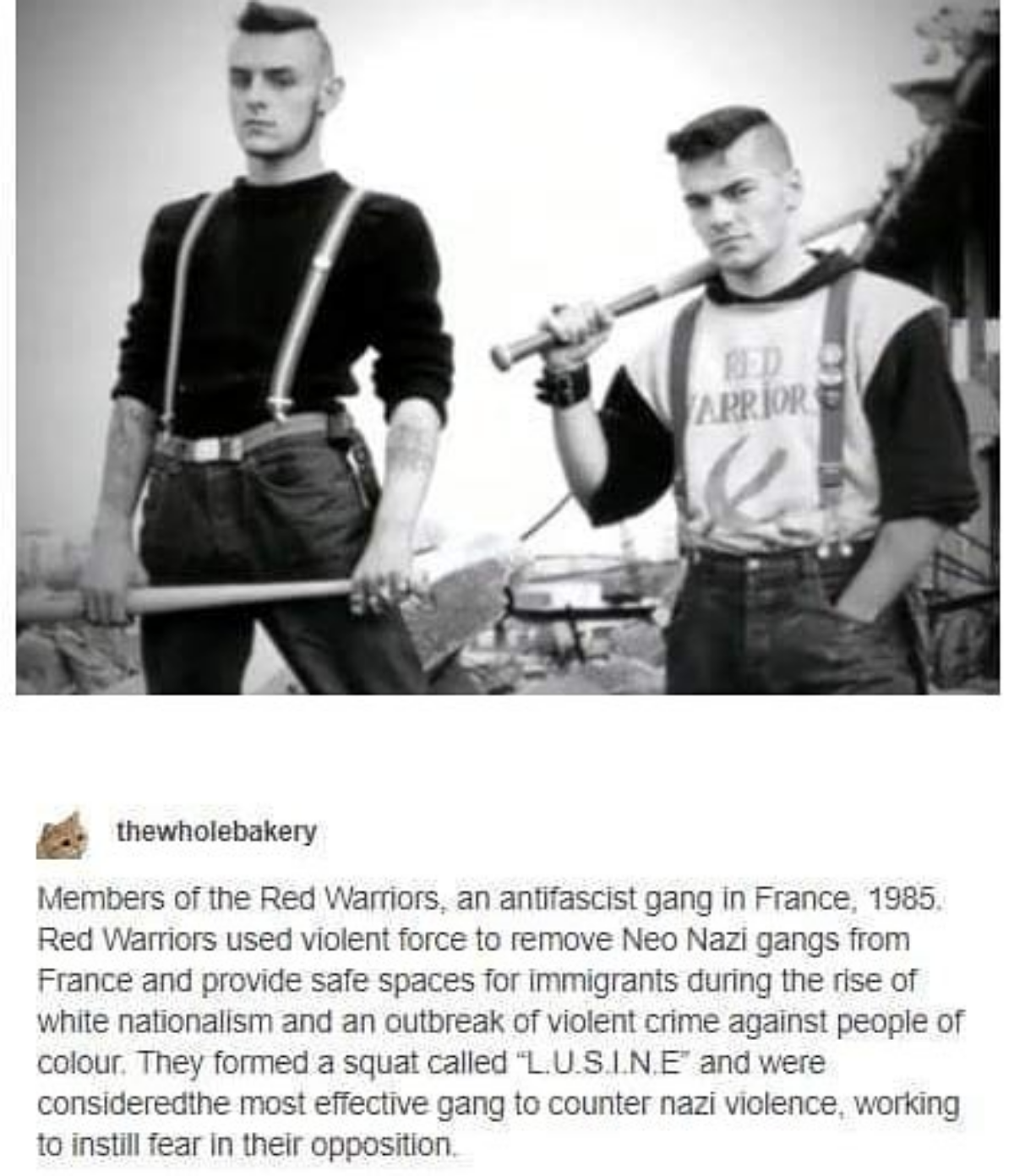 Black-and-white photo of two Red Warriors antifascist gang members in France, 1985, holding baseball bats, with text below explaining their history.