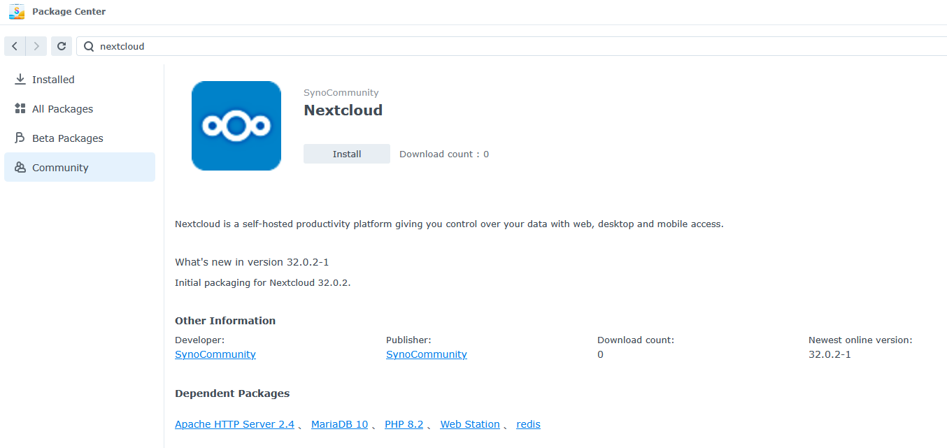 Screenshot of Nextcloud in the Synology Package Center