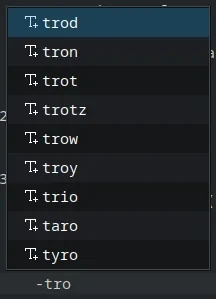 the image shows a list of auto-complete words in kate