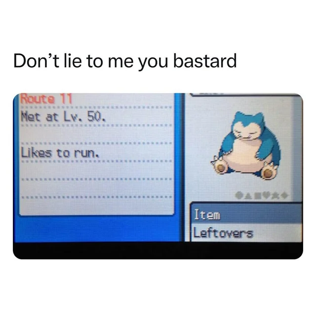 An image captioned "Don't lie to me you bastard", with a picture of a Pokémon stat viewing screen from Pokémon HeartGold/SoulSilver. On it is a Snorlax with the description "Likes to run."