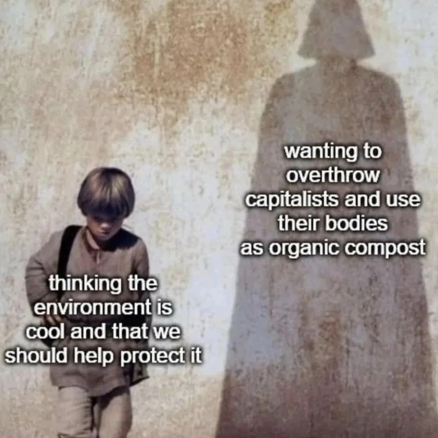 An Anakin Skywalker meme where the boy represents "thinking the environment is cool and that we should help protect it," and his shadow, Darth Vader, represents "wanting to overthrow capitalists and use their bodies as organic compost."