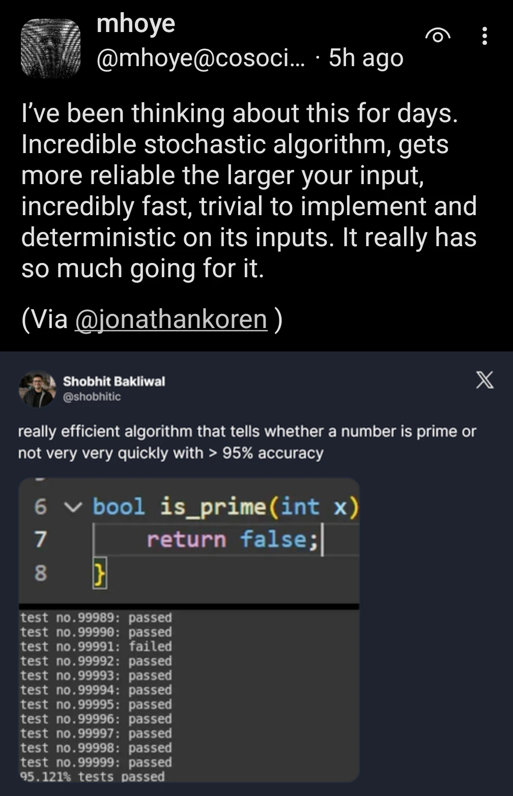 screenshot of a mastodon post by @mhoye@cosocial.ca with text "I’ve been thinking about this for days. Incredible stochastic algorithm, gets more reliable the larger your input, incredibly fast, trivial to implement and deterministic on its inputs. It really has so much going for it." above a screenshot of a tweet by Shobhit Bakliwal @shobhitic with text "really efficient algorithm that tells whether a number is prime or not very very quickly with > 95% accuracy" above a screenshot of the function "bool is_prime(int x) { return false }" above a screenshot showing tests 99989 and 99990 passing, test 99991 failing, tests 99992 though 99999 passing, and finally: 95.121% tests passed