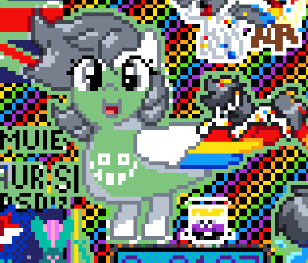 An pixel image of a pony in a shape of a duck, with gray hair and a white body, with red, yellow and blue on the tip of her it's wings. Resting on the wing is a smaller pixel artwork of that same pony (as an regular pony). The image has off green areas around it that represent spots not place with a pixel (normally white), with this view it's revealed that the duck-pony has hidden artwork on it's chest depicting a smiling face, it's image_friend from deltarune.
