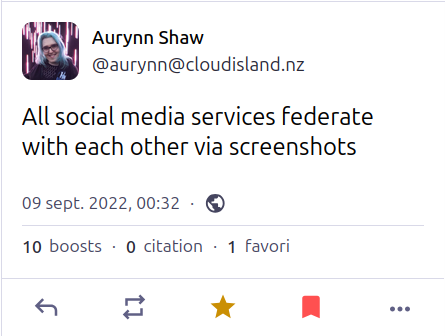 Aurynn Shaw on cloudisland.nz says “All social media services federate with each other via screenshots"