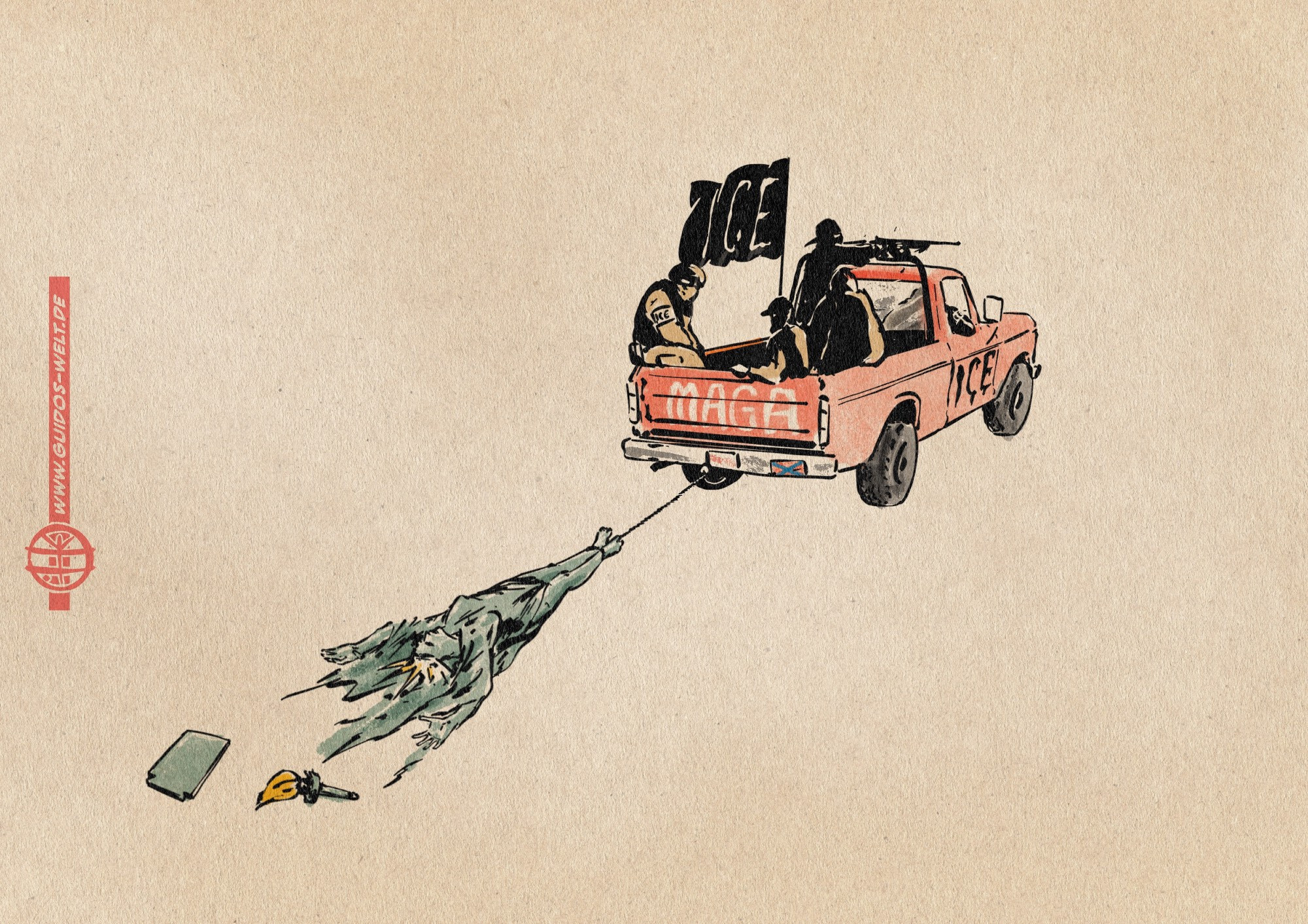 Illustration of helples Lady Liberty lying on her back dragged behind a Pickup. The Pickup is red, marked with MAGA an ICE, sporting a black ICE Flag and with ICE Agents sitting on it.