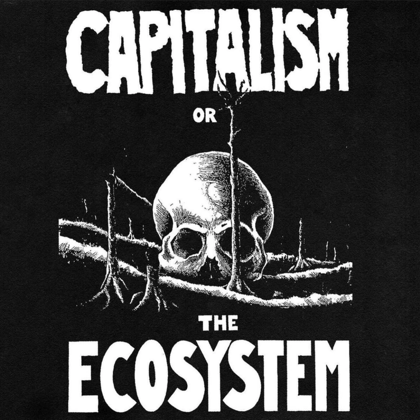 Text reads: "CAPITALISM OR THE ECOSYSTEM" above and below a drawing of a human skull resting in a deforested landscape.