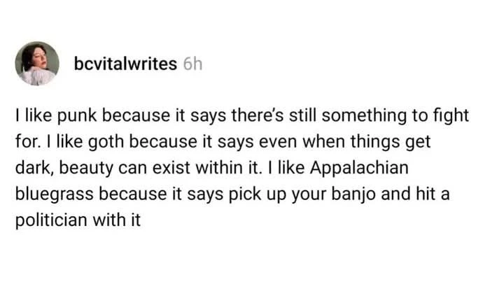 bcvitalwrties writes: I like punk because it says there's still something to fight for. I like goth because it says even when things get dark, beauty can exist within it. I like Appalachian bluegrass because it says pick up your banjo and hit a politician with it