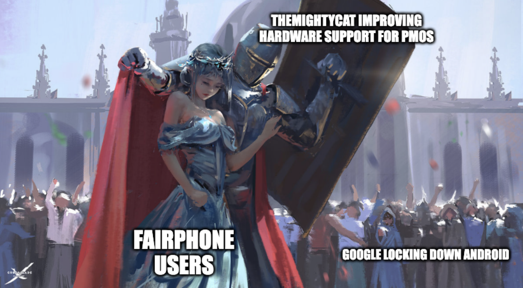 The mighty cat knight holding up the shield improving hardware support for Postmarket OS protecting Fairphone users as princess from thrown fruit of Google locking down android. 