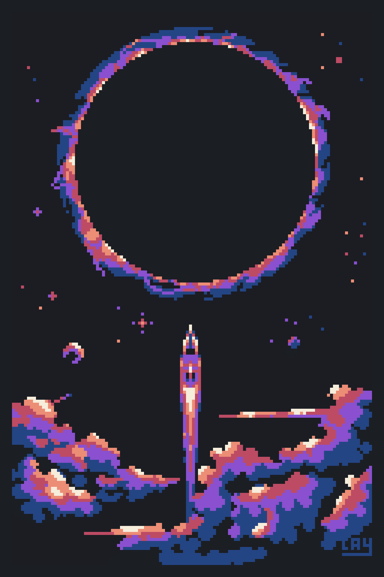 Pixelart of a solar eclipse: the sky is dark and covered with clouds; a bright rocket passes through the clouds, illuminating on their surface.