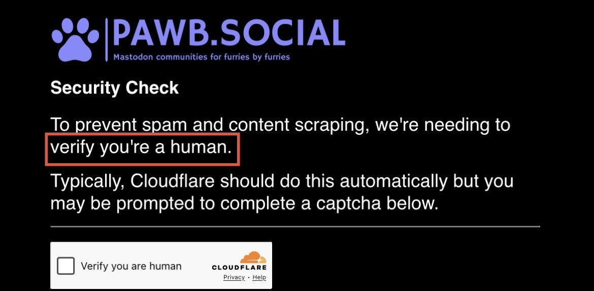 screenshot of a cloudflare screen blocking access to pawb.social, the furry instance, that asks the visitor to prove they’re human