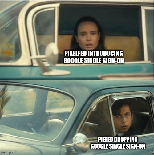 Vanya Hargreeves (subtitled "Pixelfed introducing Google single sign-on") and Number Five (subtitled "PieFed dropping Google single sign-on") drive by each other in their cars. Both are suprised to see each other.