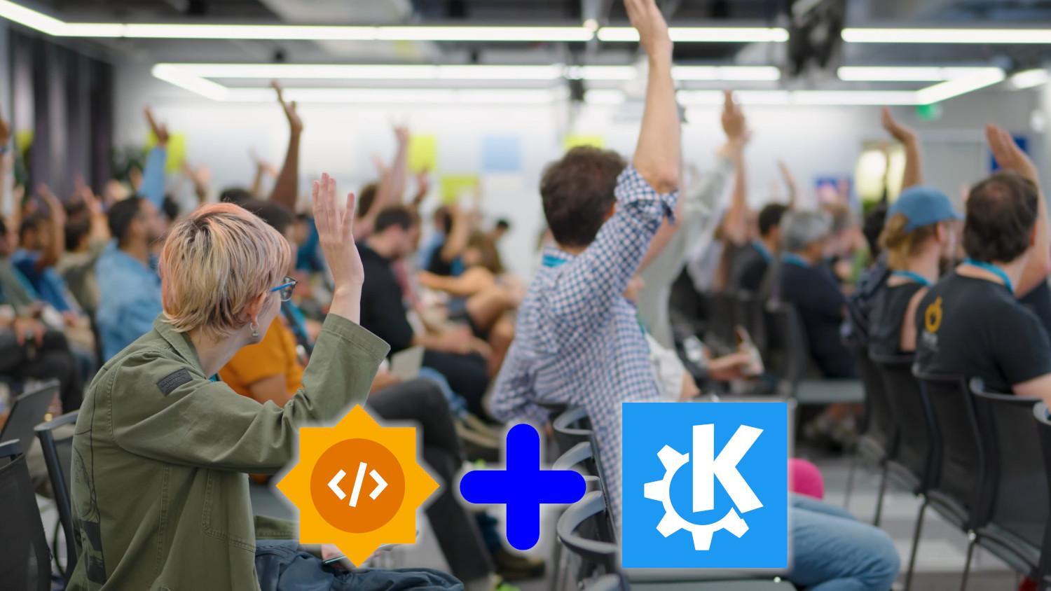 People in what looks like a conference hall or a classroom, must have their hands raised, as if volunteering for something.

At the bottom you can see the Google Summer of Code logo, plus sign and the KDE logo.