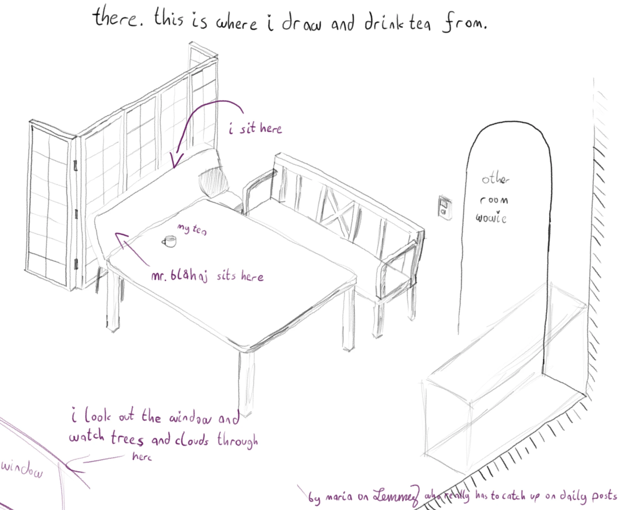 sketch of a dining and living room. its a small room with two benches, one is soft, the other is made of wood. there is a table, a pillow on the soft bench, a drawer, a doorway and a foldable asian looking wall. there is text over the image. an arrow points to the middle of the soft couch, saying "i sit here" and another arrow points to the side of the couch saying "mr. blahaj sits here". a tea on the desk is marked as "my tea". the doorway says "oter room wowie" and another arrow points to a window saying "i look out the window and watch trees and cloud through here". botom right says "by maria on lemmy who really has to catch up on daily posts".