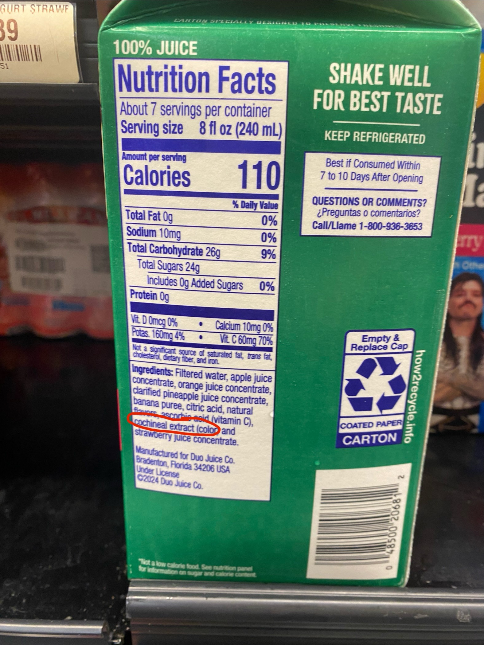 A photo of the Nutrition Facts on a carton of juice. At the top it says “100% juice,” but among the ingredients it lists “cochineal extract” for color.