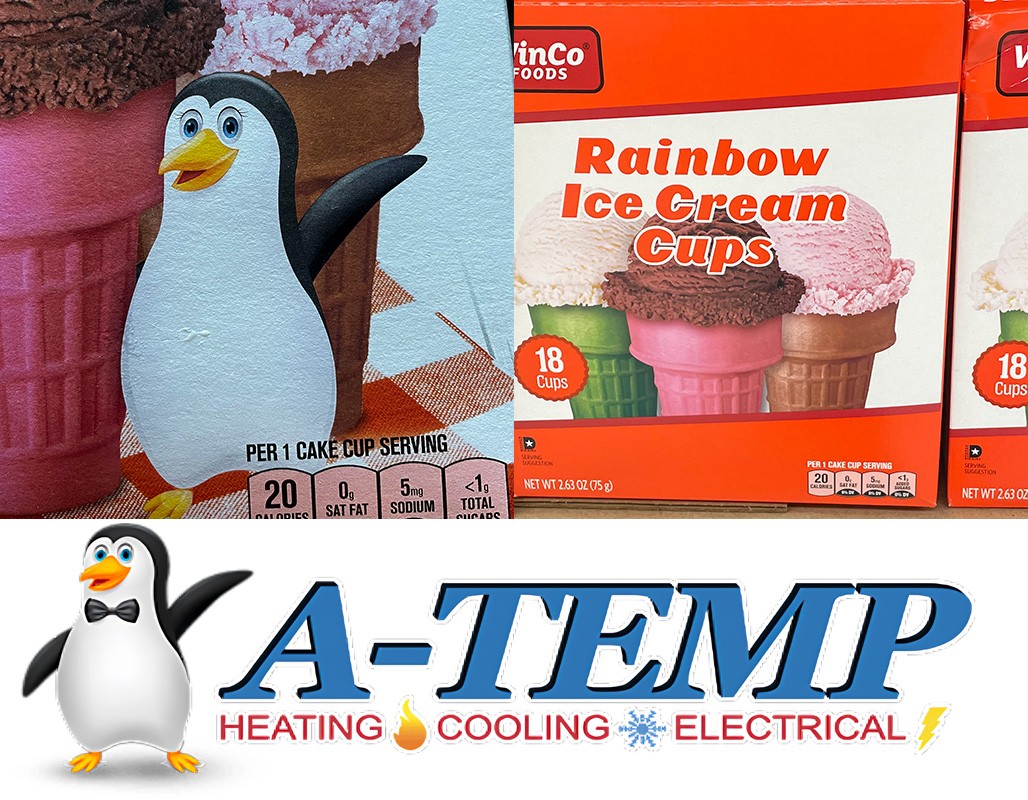 A collage of three pictures: one showing a cartoon penguin on a box of ice cream cones; another of the same box without the penguin; a third showing a logo for a company named A-Temp, featuring the same penguin in the first image