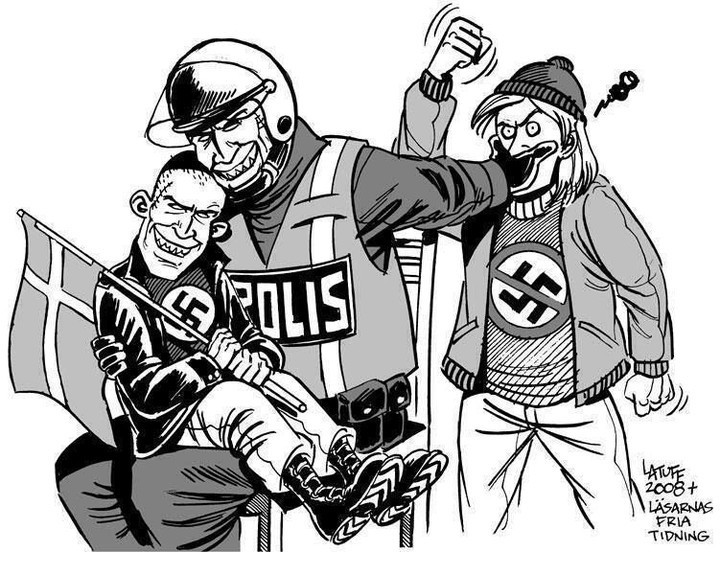 Political cartoon showing a Swedish police officer holding a smiling neo-Nazi on their lap while silencing an anti-fascist protester with a fist.