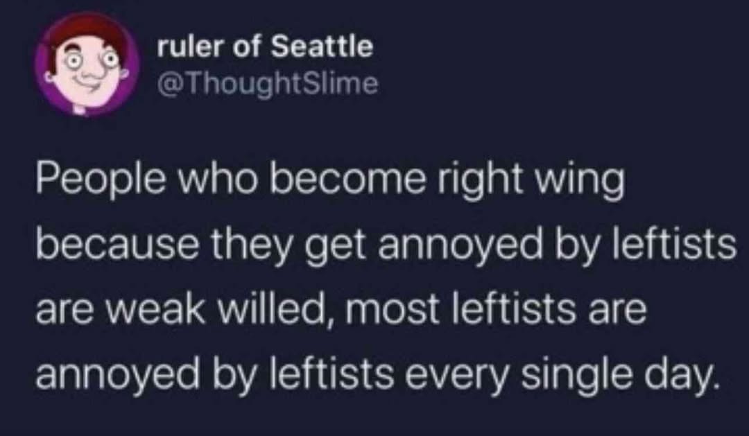 Alt text: A tweet from user "ruler of Seattle (@ThoughtSlime)" stating: "People who become right wing because they get annoyed by leftists are weak willed, most leftists are annoyed by leftists every single day."