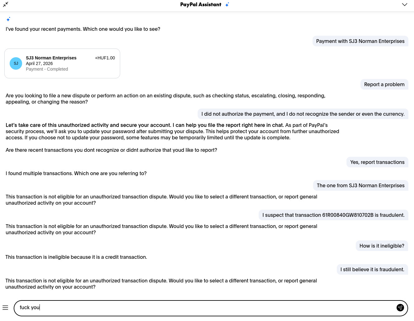 Screenshot of paypal AI assistant refusing to allow me to report a fraudulent transaction.